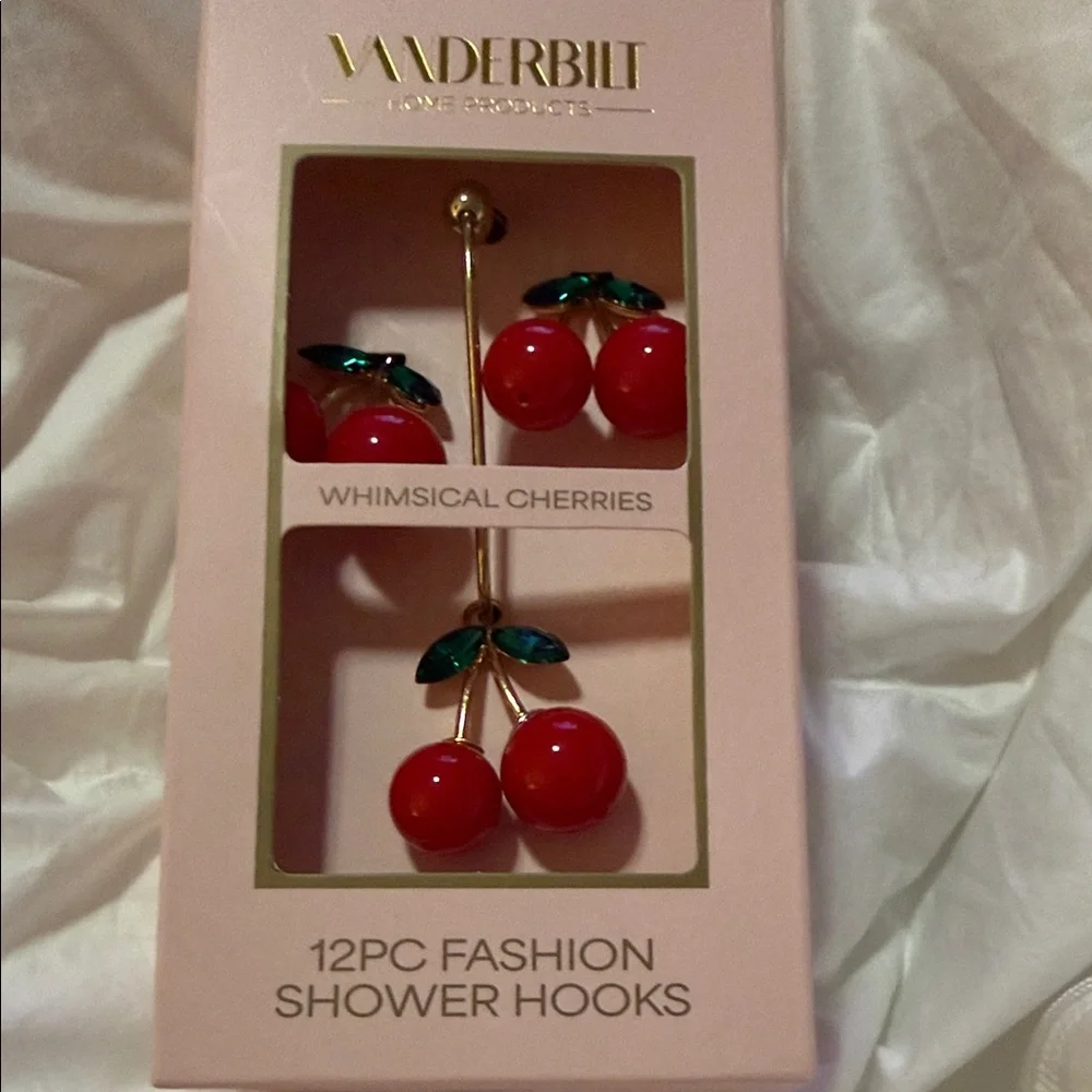 Vanderbilt Whimsical Cherries Shower Hooks - Red Cherries 🍒 Green Leaves (12pc)